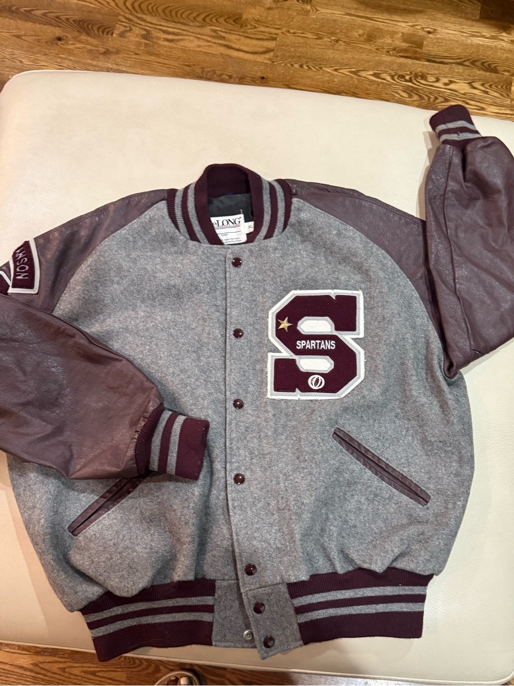 90s DeLong Spartans Varsity Letterman Jacket Wool Leather Grey Burgundy